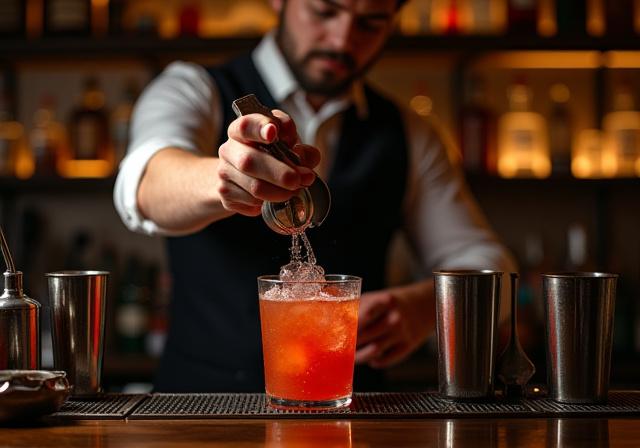 Ein Barkeeper mixt professionell einen Drink