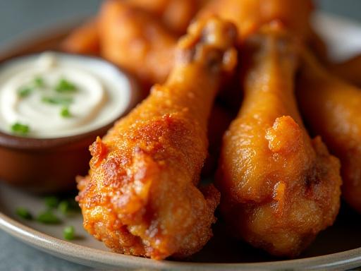 Ein Teller mit knusprigen Chicken Wings und Dip