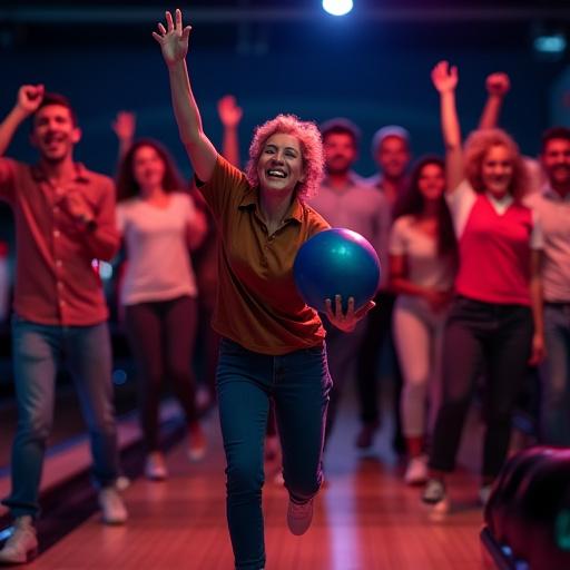 Eine Gruppe von Kollegen jubelt beim Bowling
