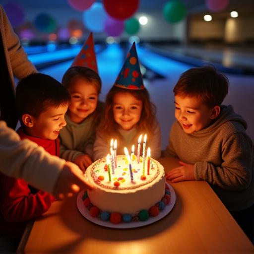 Kinder um einen Geburtstagskuchen an einer Bowlingbahn
