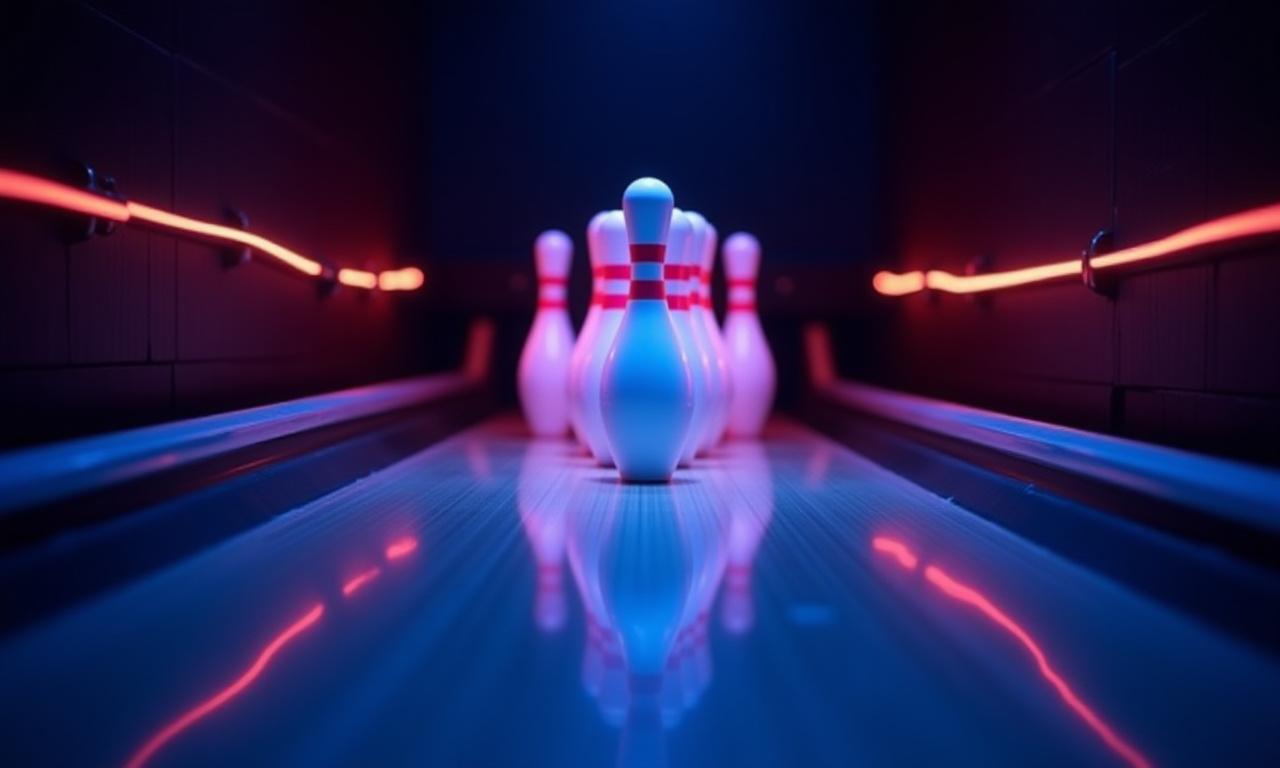 Eine Bowlingbahn mit leuchtenden Pins am Ende